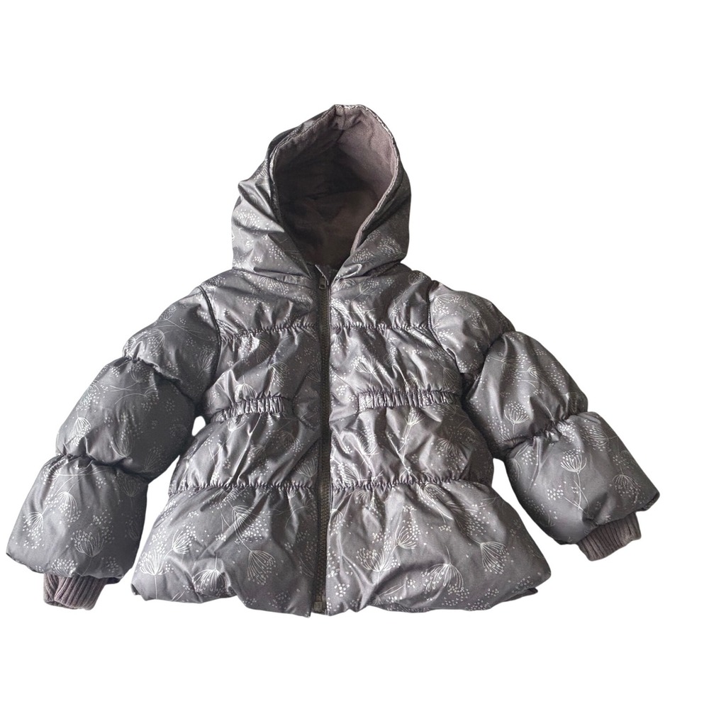 Old Navy Girls 4T Gray Floral Puffer Coat Hooded Frost Free Winter Jacket